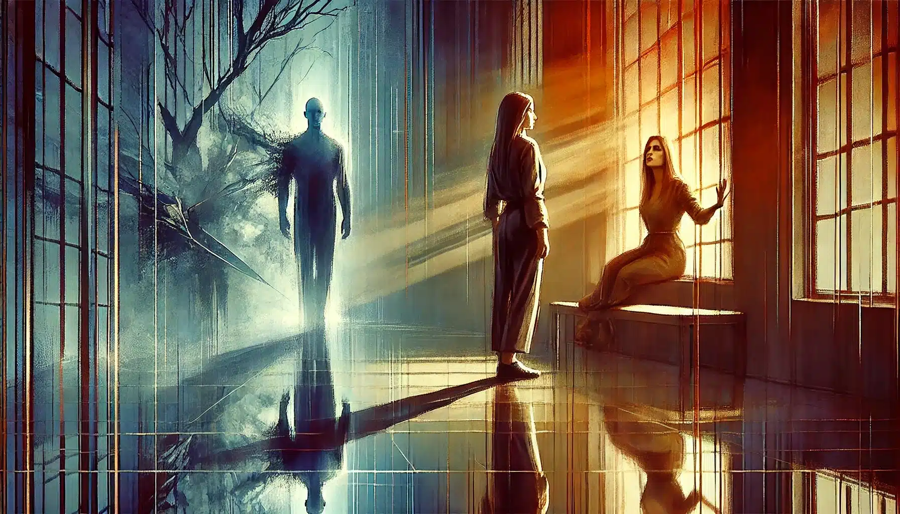 A cinematic editorial illustration depicting psychological manipulation. One person stands calm and grounded, while another nearby exerts quiet, subtl An empowered being