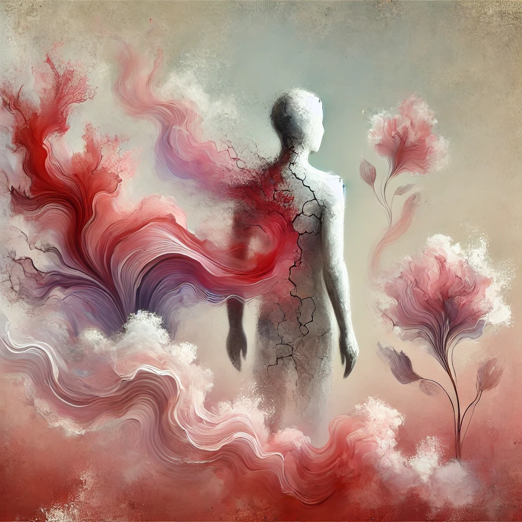 A symbolic digital painting in a delicate, painterly, semi-abstract style. The artwork represents themes of narcissistic abuse, toxic relationships, a An empowered being